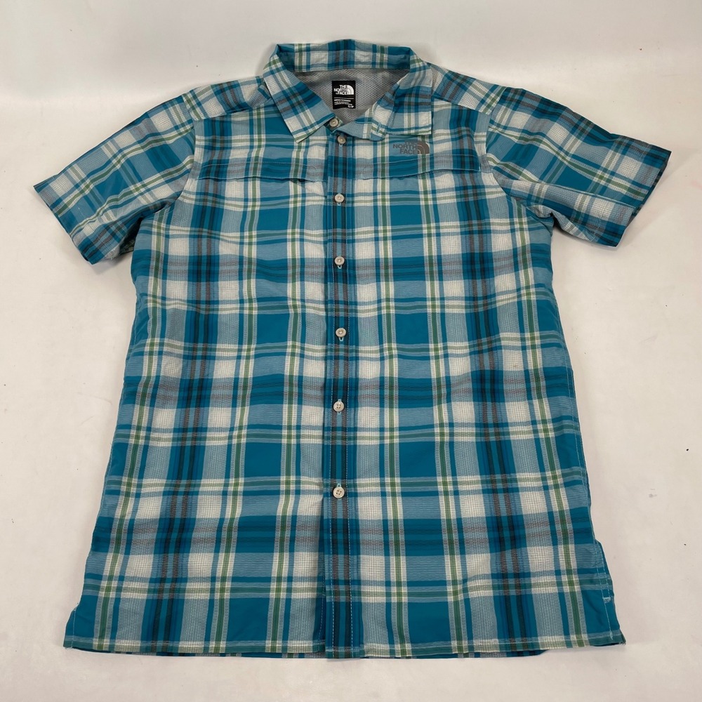 The North Face Mens Blue Plaid Short Sleeve Vented Hiking Button Up Shirt Small